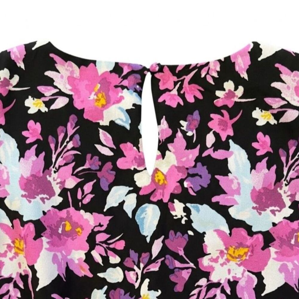 Bar III Floral Faux Wrap Peplum Top Black Pink Blue Sheer Sleeve S EUC - Picture 3 of 7